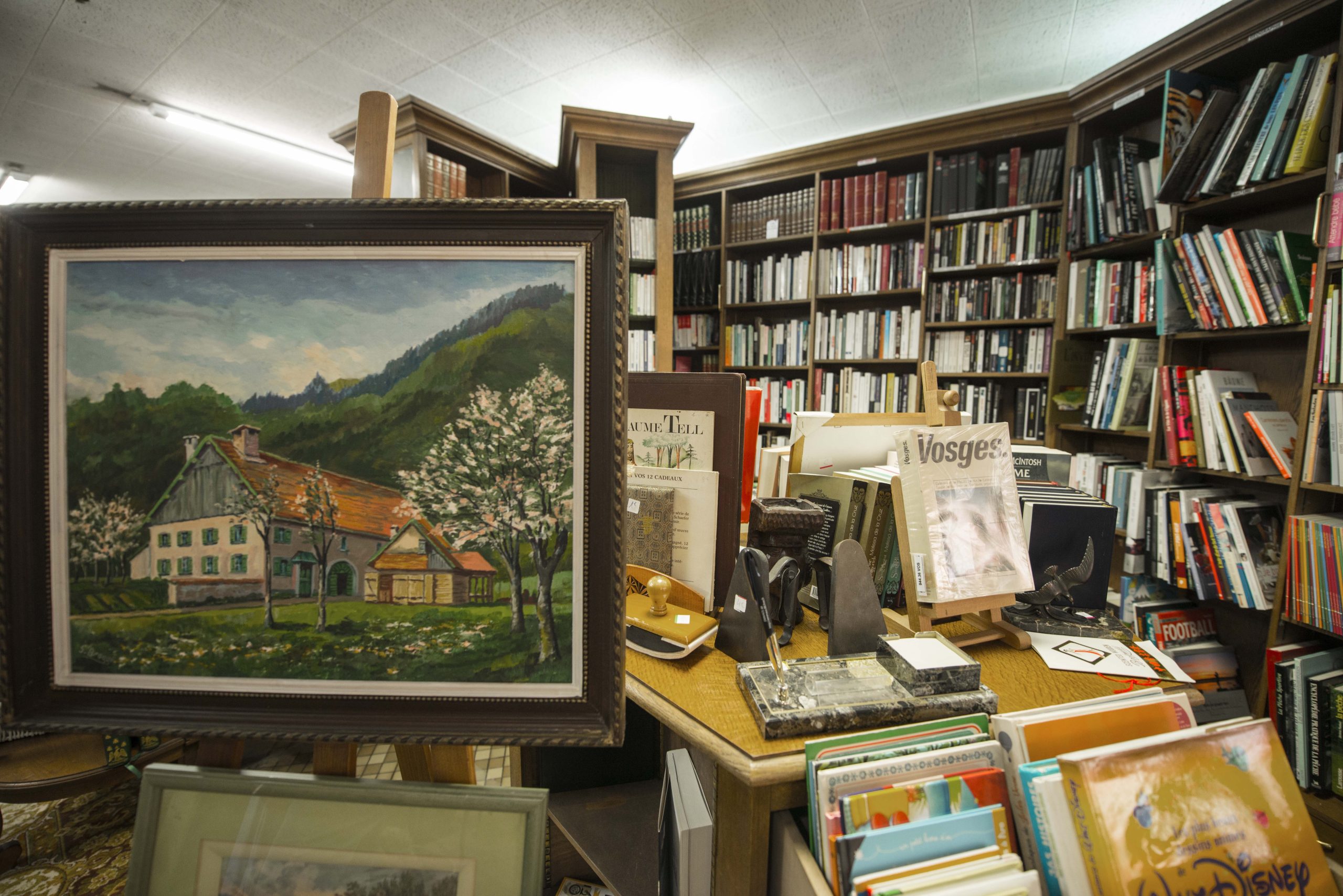 Tableaux encadrés et bibliothèque dans une boutique Emmaüs Vosges